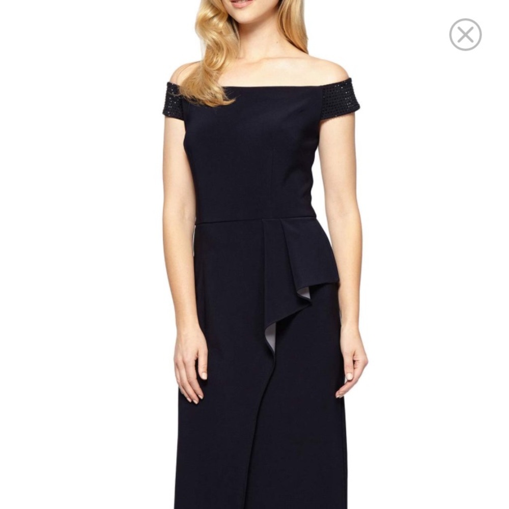 Alex Evenings Navy off shoulder evening gown